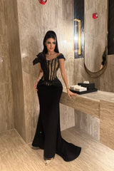 Glamorous Black Off-The-Shoulder Mermaid Lace Evening Dresses Sheath Long With Zipper