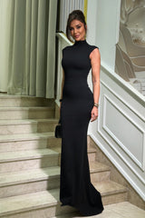 Romantic Black High Collar Sleeveless Satin Mermaid Column Floor Length Evening Dresses