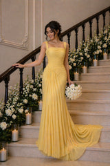Graceful Yellow Straps Sleeveless Chiffon Evening Dresses Floor Length With Pleats