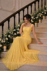 Graceful Yellow Straps Sleeveless Chiffon Evening Dresses Floor Length With Pleats