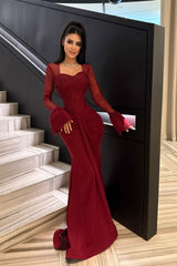 Timeless burgundy Sweetheart Long Sleeves Satin Lace Evening Dresses Mermaid With Pleats
