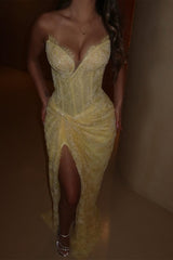 Graceful Daffodil Strapless Sleeveless Lace Mermaid Evening Dresses High Split With Pleats