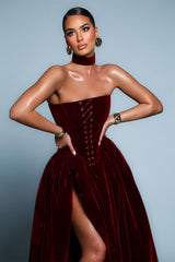 Glamorous Burgundy Strapless Sleeveless Velvet Evening Dresses A-Line High Split With Pleats