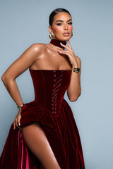 Glamorous Burgundy Strapless Sleeveless Velvet Evening Dresses A-Line High Split With Pleats