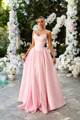 Graceful Pink Sweetheart Strapless Sleeveless Satin Evening Dresses A-Line With Pleats