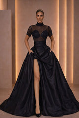 Graceful Black High Collar Short Sleeves Satin Evening Dresses A-Line Gem With High Split