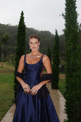 Romantic Dark Navy Straps Sleeveless Satin Evening Dresses A-Line With Pockets