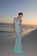 Graceful Mint Green Halter Spaghetti Straps Mermaid Evening Dresses Column With Zipper