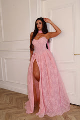 Pretty Pink Sweetheart Strapless Sleeveless Lace Evening Dresses A-Line High Split With Pleats