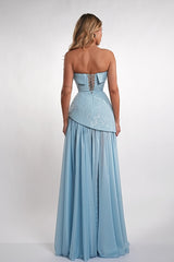 Graceful Dusty Blue Strapless Sleeveless Chiffon Sequins Evening Dresses Long With Lace-Up Back
