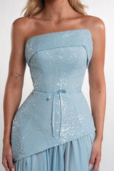 Graceful Dusty Blue Strapless Sleeveless Chiffon Sequins Evening Dresses Long With Lace-Up Back