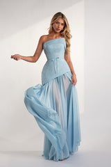 Graceful Dusty Blue Strapless Sleeveless Chiffon Sequins Evening Dresses Long With Lace-Up Back