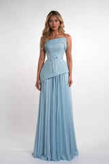 Graceful Dusty Blue Strapless Sleeveless Chiffon Sequins Evening Dresses Long With Lace-Up Back