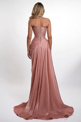 Romantic Dusty Rose Strapless Sleeveless Mermaid Evening Dresses High Split With Pleats Lace-Up Back