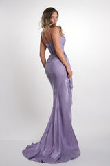 Graceful Lilac Sweetheart Spaghetti Straps Sleeveless Evening Dresses Mermaid High Split With Lace-Up Back