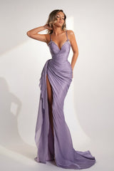 Graceful Lilac Sweetheart Spaghetti Straps Sleeveless Evening Dresses Mermaid High Split With Lace-Up Back