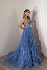 Glamorous Blue Sweetheart Strapless Sleeveless Tulle Evening Dresses A-Line With Beads
