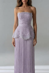 Dazzling Lilac Strapless Sleeveless Evening Dresses Pearl With Tassel Zipper