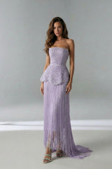 Dazzling Lilac Strapless Sleeveless Evening Dresses Pearl With Tassel Zipper