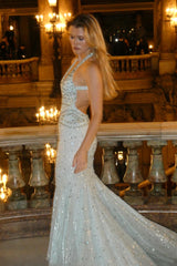 Graceful Halter V-Neck Sleeveless Mermaid Evening Dresses Gem Backless With Zipper