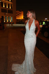 Graceful Halter V-Neck Sleeveless Mermaid Evening Dresses Gem Backless With Zipper