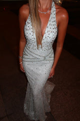 Graceful Halter V-Neck Sleeveless Mermaid Evening Dresses Gem Backless With Zipper