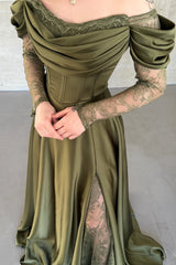 Romantic Green Long Sleeves Satin Evening Dresses A-Line High Split With Pleats
