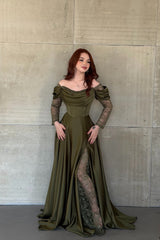 Romantic Green Long Sleeves Satin Evening Dresses A-Line High Split With Pleats