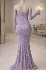 Pretty Lilac Strapless Long Sleeves Mermaid Evening Dresses Sheath Pearl With Zipper