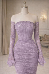 Pretty Lilac Strapless Long Sleeves Mermaid Evening Dresses Sheath Pearl With Zipper