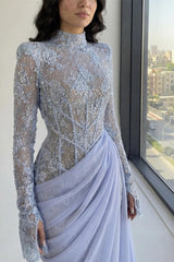 Dazzling High Collar Long Sleeves Mermaid Evening Dresses Sheath With Pleats