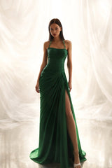 Glamorous Emerald Green Halter Sleeveless Mermaid Evening Dresses Side Split With Pleats