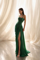 Glamorous Emerald Green Halter Sleeveless Mermaid Evening Dresses Side Split With Pleats