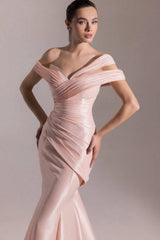 Glamorous Pink Off-The-Shoulder Mermaid Evening Dresses Column With Zipper Pleats