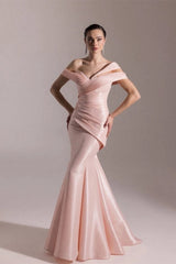Glamorous Pink Off-The-Shoulder Mermaid Evening Dresses Column With Zipper Pleats
