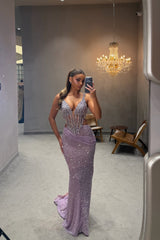 Stunning V-Neck Straps Sleeveless Mermaid Evening Dresses Gem Backless With Pleats