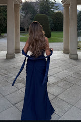 Glamorous Dark Navy Strapless Sleeveless Mermaid Evening Dresses High Split With Pleats