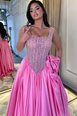 Dazzling Straps Sleeveless Satin Evening Dresses A-Line Gem With Pleats