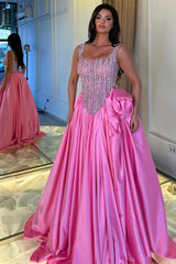 Dazzling Straps Sleeveless Satin Evening Dresses A-Line Gem With Pleats