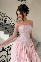 Glamorous Pink Strapless Sleeveless A-Line Evening Dresses Beads With Lace-Up Back