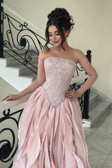 Glamorous Pink Strapless Sleeveless A-Line Evening Dresses Beads With Lace-Up Back