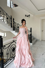 Glamorous Pink Strapless Sleeveless A-Line Evening Dresses Beads With Lace-Up Back