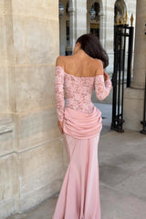 Glamorous Pink Long Sleeves Satin Lace Evening Dresses Mermaid With Zipper Pleats