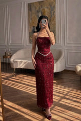 Dazzling Burgundy Halter Sleeveless Evening Dresses Sheath Gem With Beads