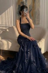 Romantic Dark Navy Halter Sleeveless Mermaid Evening Dresses Column With Beads Flower