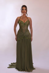 Romantic Moss Halter Sweetheart Sleeveless Evening Dresses Lace Long With Pleats