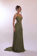 Romantic Moss Halter Sweetheart Sleeveless Evening Dresses Lace Long With Pleats