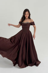 Graceful Chocolate Off The Shoulder Satin Evening Dresses A-Line Gem With Lace-Up Back