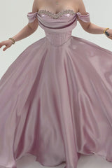 Graceful Chocolate Off The Shoulder Satin Evening Dresses A-Line Gem With Lace-Up Back