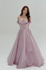 Graceful Chocolate Off The Shoulder Satin Evening Dresses A-Line Gem With Lace-Up Back